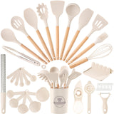 Astercook All-in-One Silicone Utensil Collection with Wooden Handle — Neutral Black & Cream Tools for a Clean, Uncluttered Counter