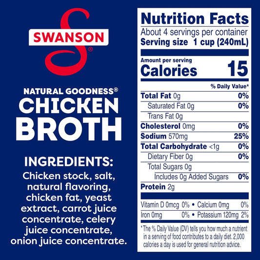 570 mg sodium per serving — 33% less than regular swanson chicken broth