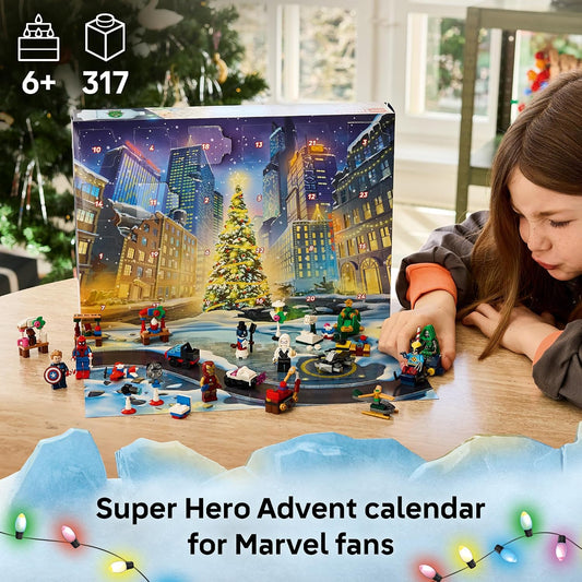 6 lego marvel minifigures including spider-man on skis, doctor doom with candy cane, and wolverine in an x-men christmas sweater