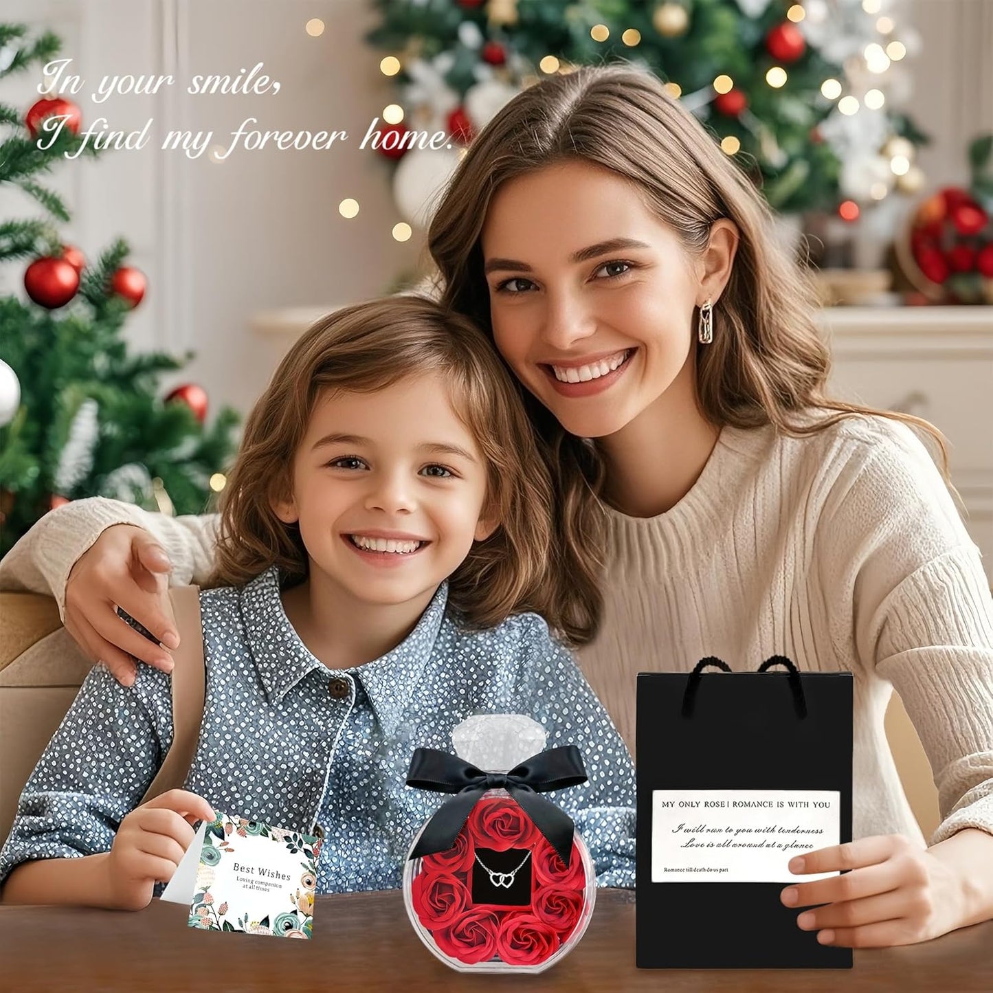 Bottle of Roses – Romantic Christmas and Valentine's Day Gift for Girlfriend and Wife with Heart Pendant Necklace