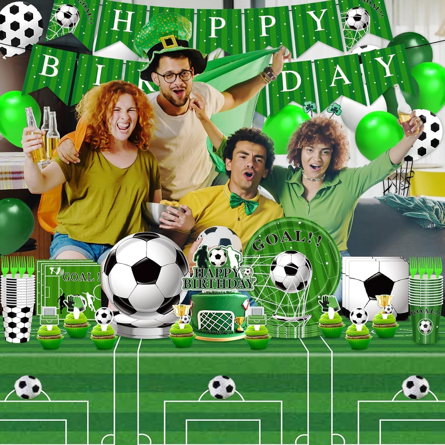 Brand Name Soccer Party Decorations – Complete 143-Piece Set for Children Ages 5-12, Eco-Friendly Disposable Plates Banner Balloons for Backyard Birthday