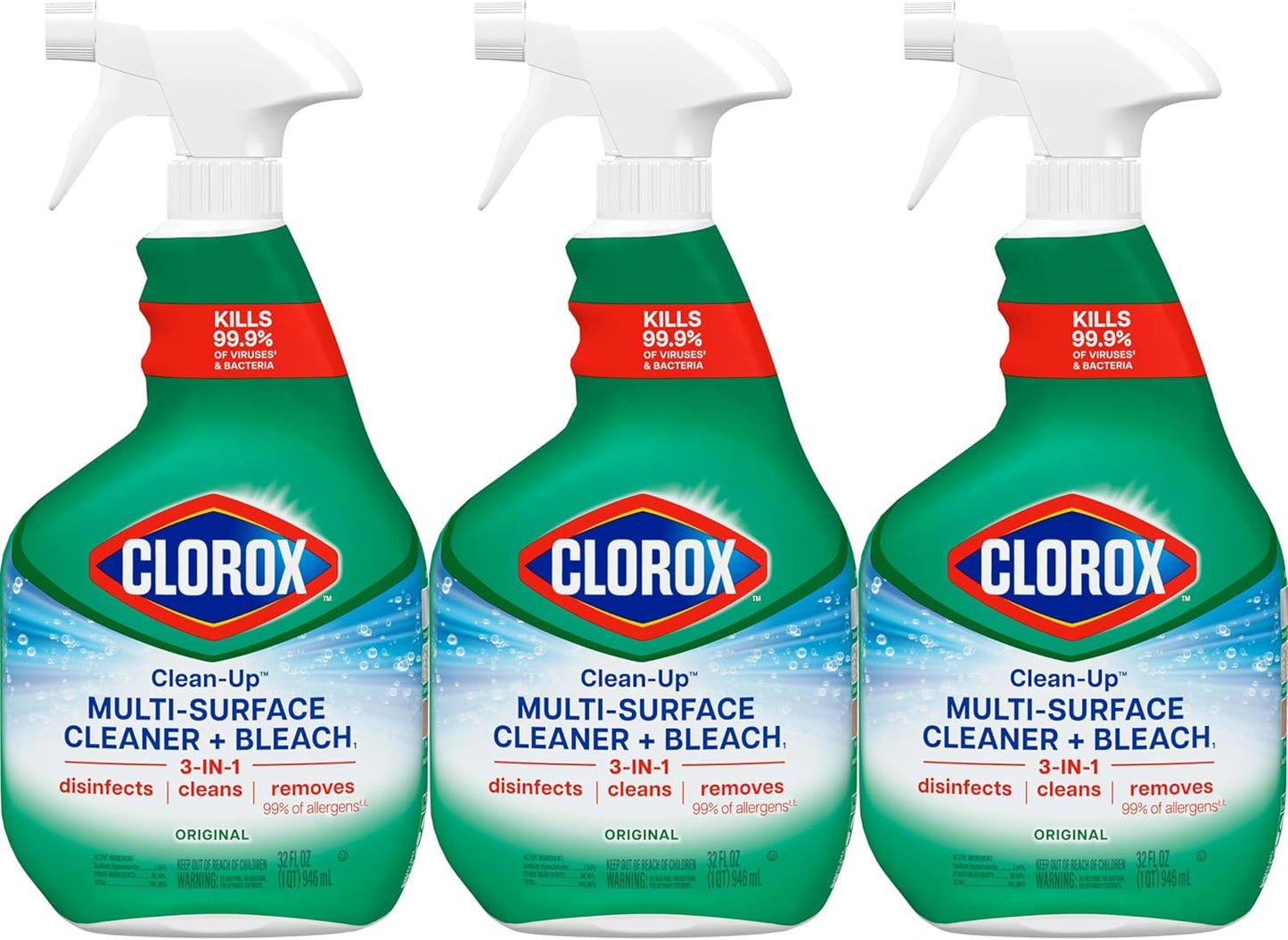 Clorox Clean-Up Cleaner – Family-Safe Surface Disinfectant for Nursery and Playroom Germ Control, 32 Fl Oz, Pack of 3