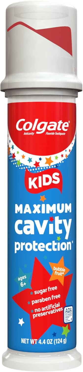Colgate Kids Fluoride Toothpaste Pump, Bubble Fruit Flavor for Kids 6+, ADA Accepted, 4.4 Oz Six-Pack for the Kids' Bathroom