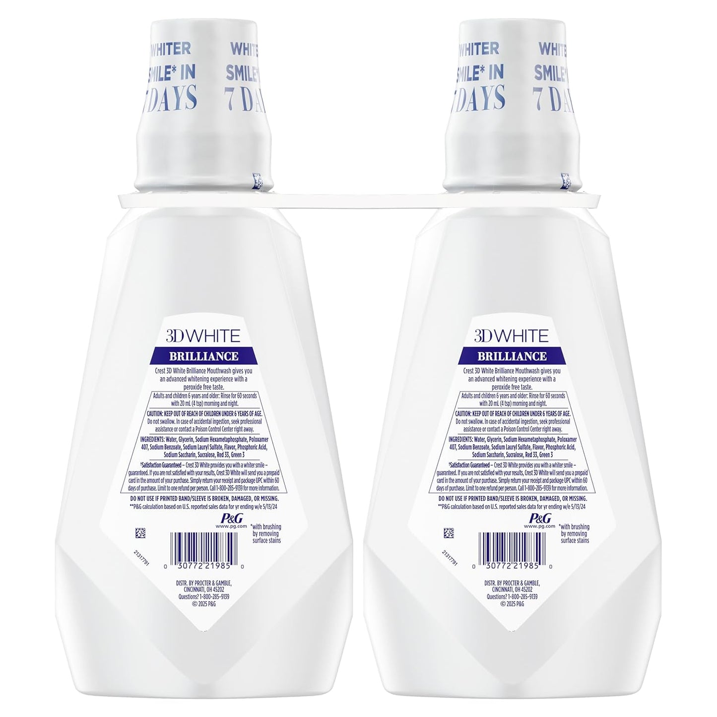 Crest 3D White Brilliance Whitening Mouthwash – Alcohol-Free Clean Mint, 2x1L Family-Safe Twin Pack
