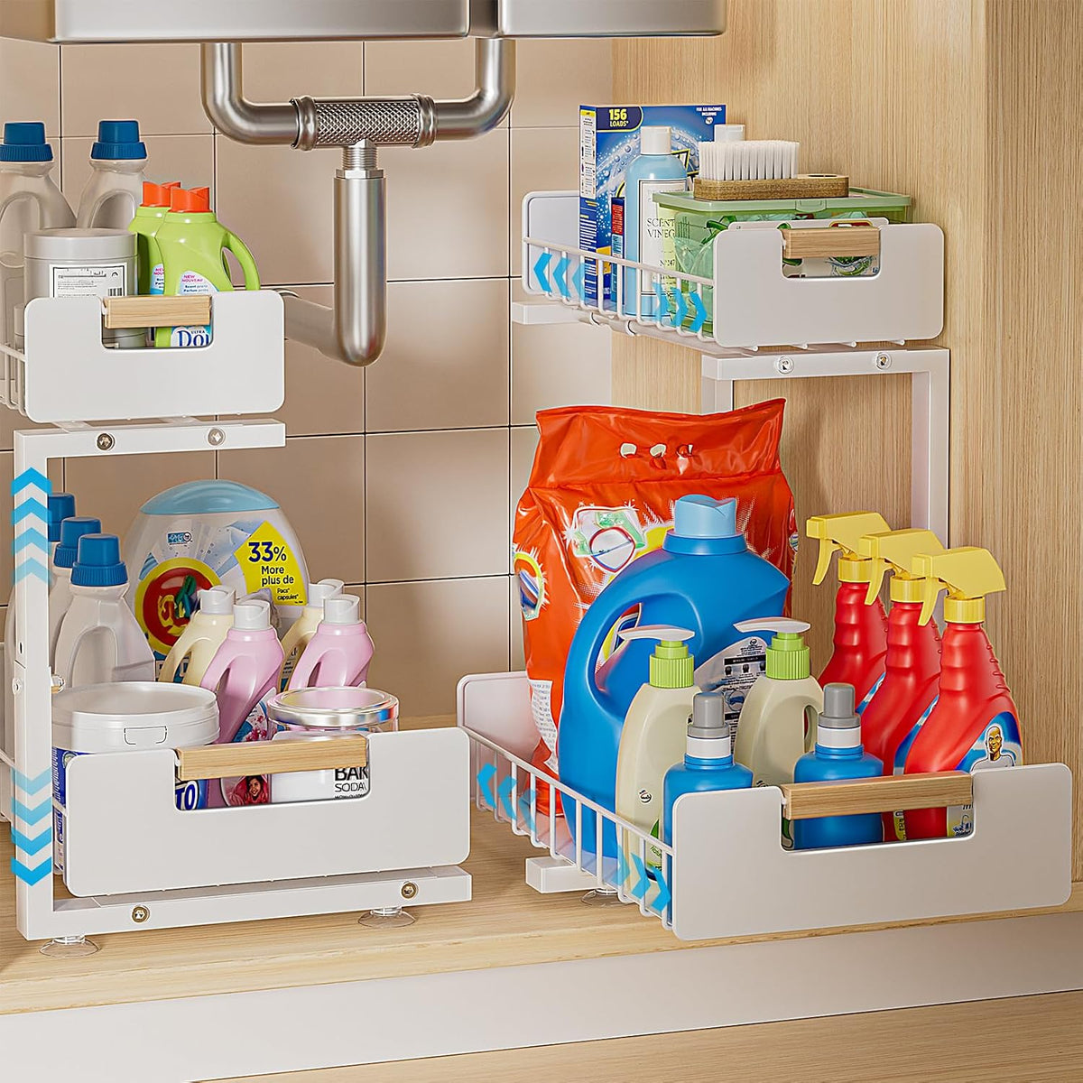 Delamu L-Shaped Pull-Out Cabinet Storage – Secure Suction-Cup Base for Safer Storage Around Pipes and Disposals