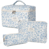 Essential Cosmetic Pouch Collection – Capsule Beauty Storage, Neutral Floral Cotton Bag Set