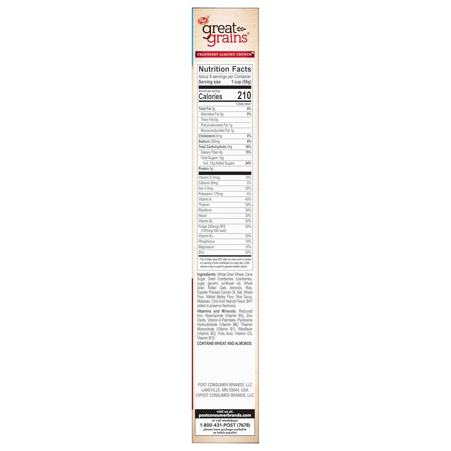 Great Grains Cranberry Almond Crunch Cereal – Fast Weekday Breakfast for Home Office Focus, 17 oz Box