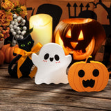 COCHIE Small Halloween Wood Decor Set – 3 Painted Pumpkin Ghost Cat Blocks for Bedroom Shelf Coffee Table and Mantel Styling