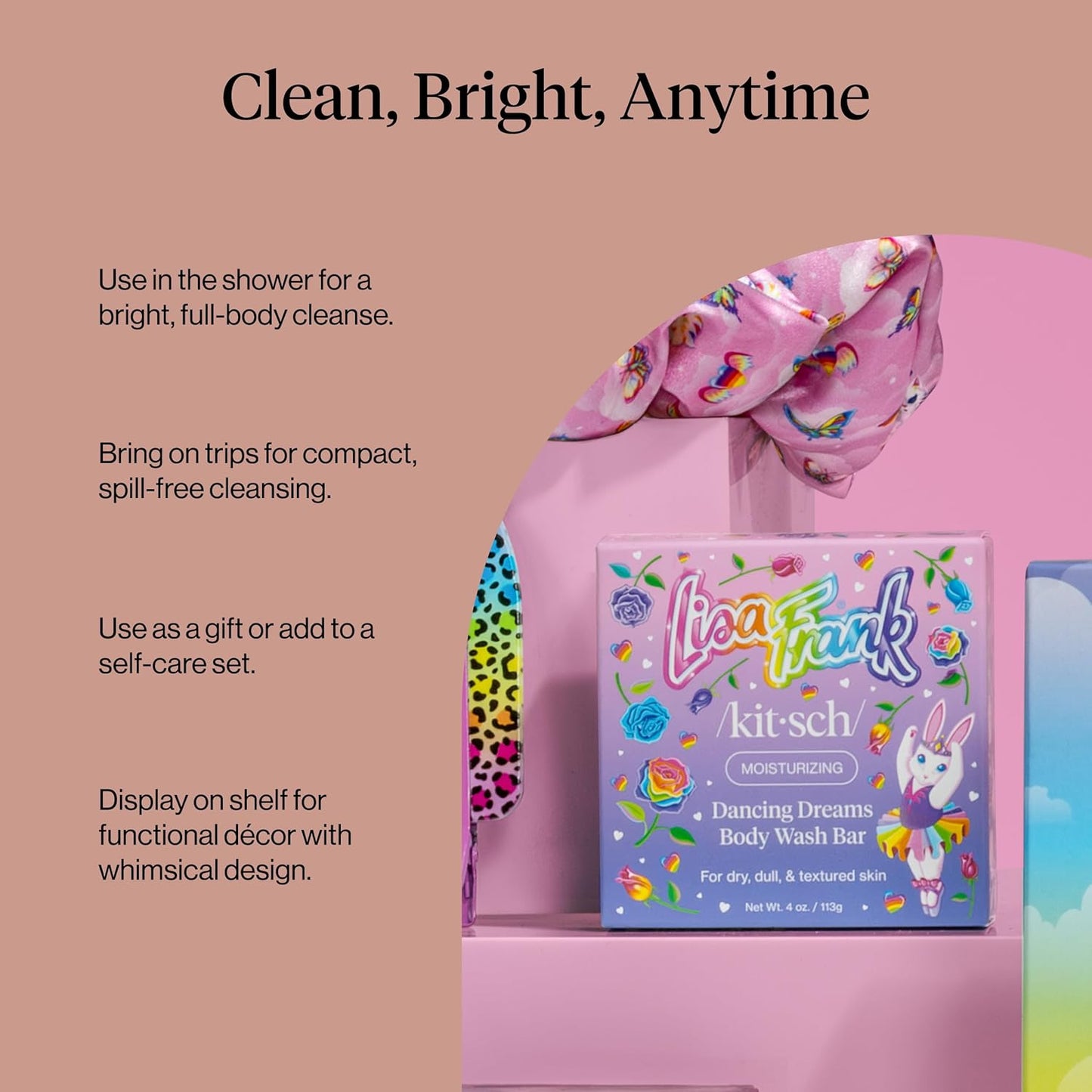 Kitsch x Lisa Frank Dancing Dreams Body Wash Bar – Plastic-Free Bathroom Vanity Swap, Solid Shea Butter Cleanser Bar with Apricot Seeds