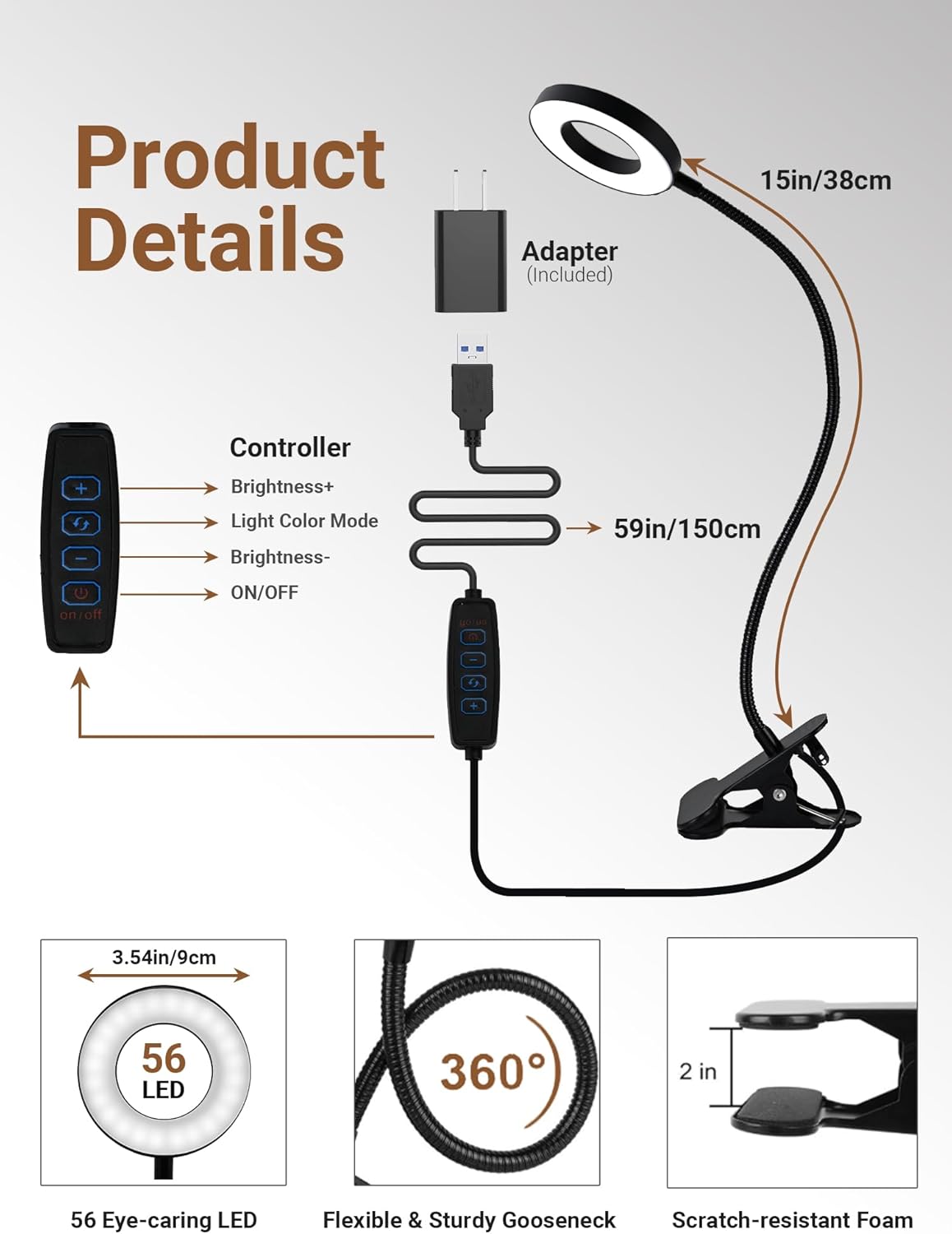 LampDepot Sleek Clip-On LED Lamp for Uncluttered Desks – Neutral Finish Adjustable Task Light for Intentional Spaces