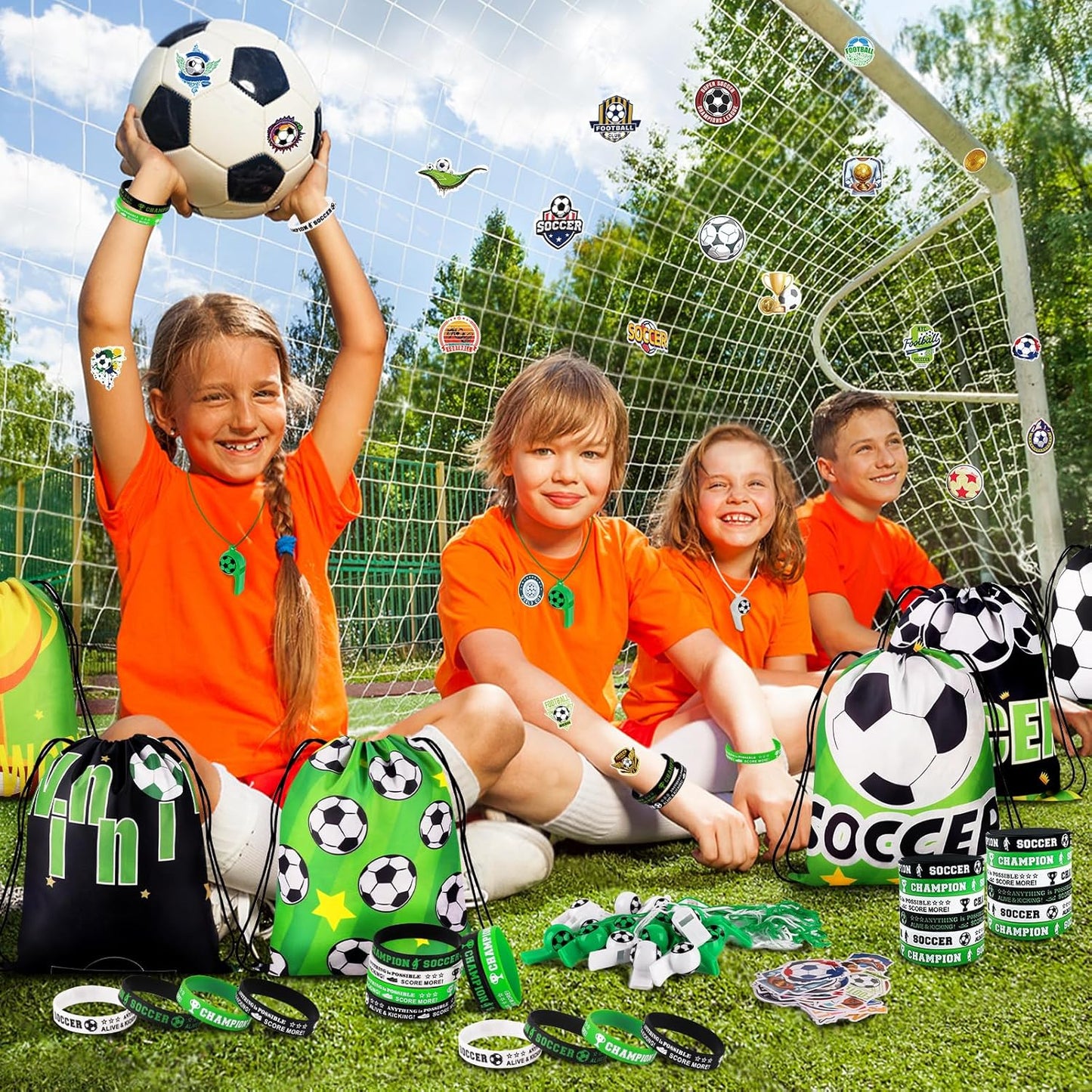 Miucat Soccer Themed Gift Bundle for Children – 98-Piece Party Favor Set with Drawstring Bags and Stickers