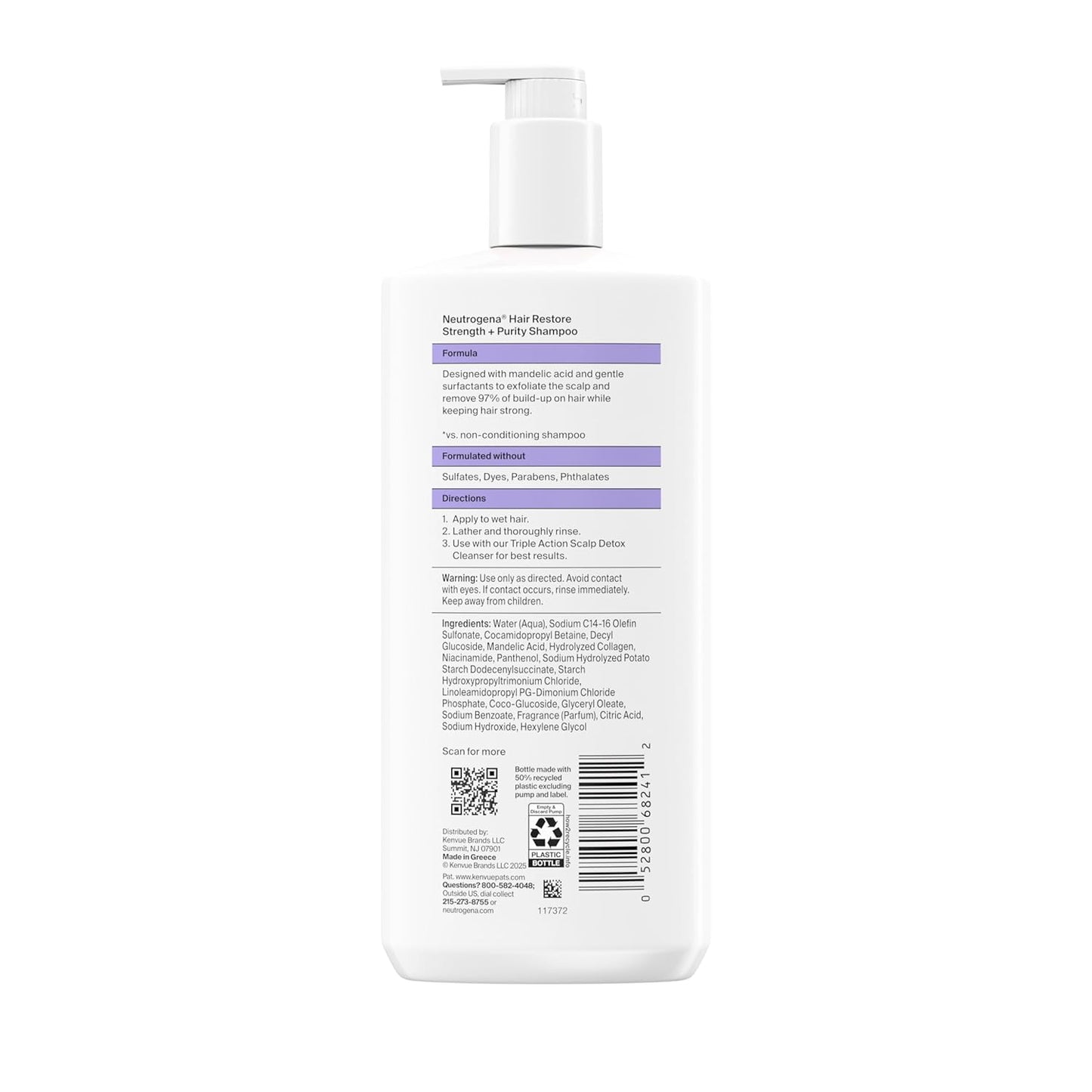 Neutrogena Hair Restore Strength + Purity Shampoo – Premium Exfoliating Hair Wash with 1.5% Mandelic Acid and Hydrolyzed Collagen