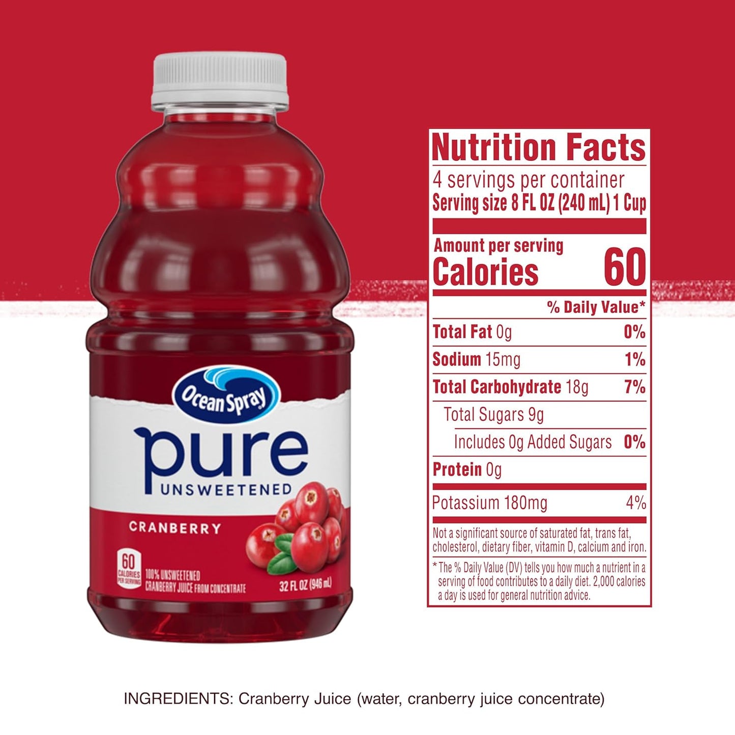 Ocean Spray® Pure Unsweetened Cranberry Juice – Portable Mixer for Patio Cocktails and Outdoor Brunches, 32 Fl Oz