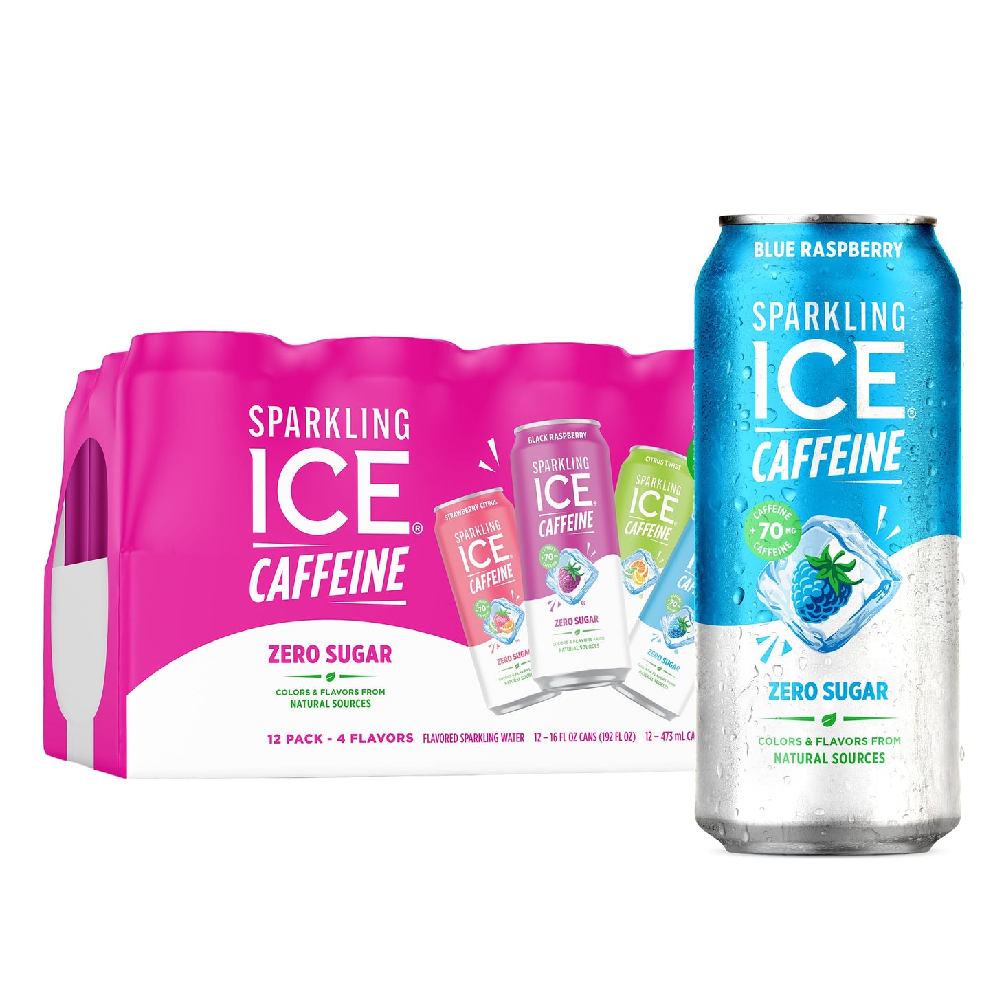 Sparkling Ice Caffeine Black Raspberry Sparkling Water Gift Pack for Her, Zero Sugar Variety Sparkling Water Care Package