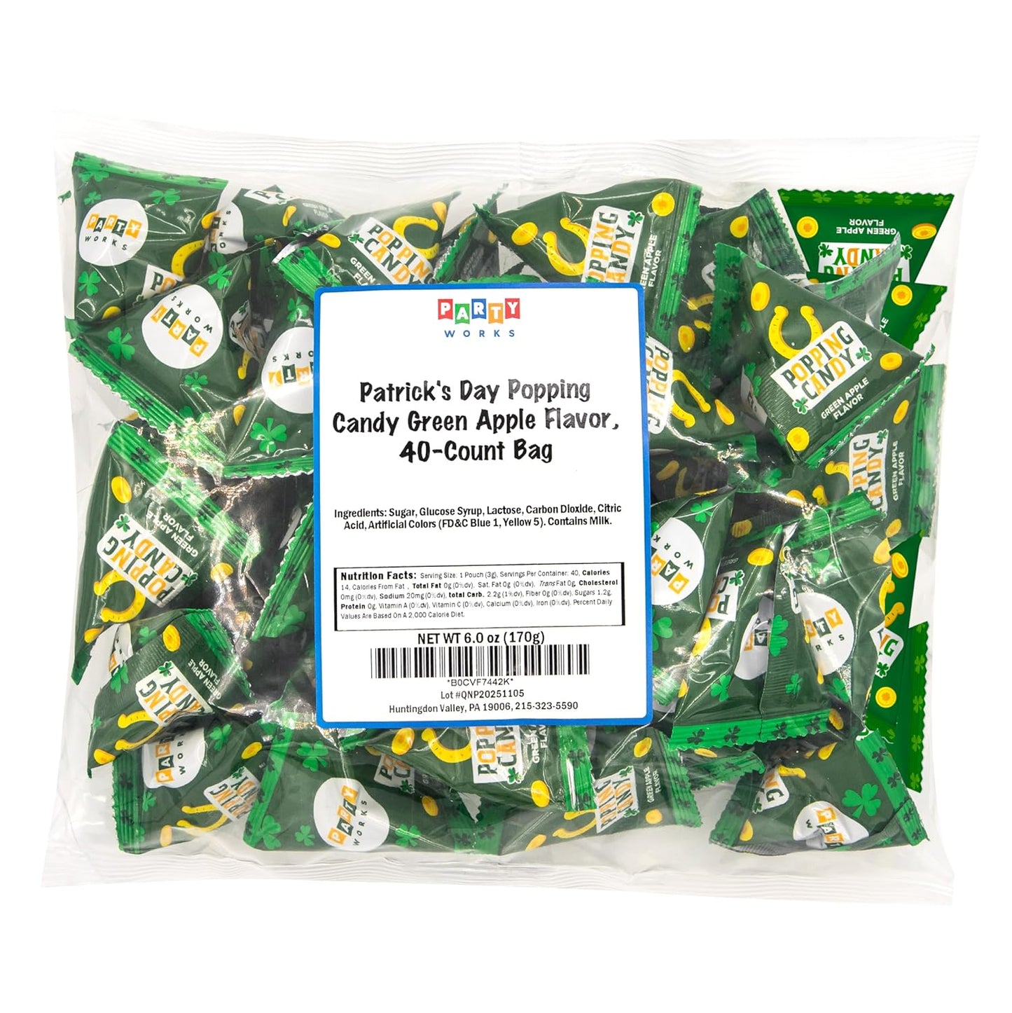 St Patrick's Day Pop Rocks Candy - 40 Individually Wrapped Sour Green Apple Mini Packs for Classroom Parties, Kids' Goodie Bags & St Patty School Snacks
