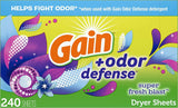 Gain Odor Defense Dryer Sheets Super Fresh Blast – Meditation Space Linen Freshener, 240 Count Anti-Static Laundry Sheets