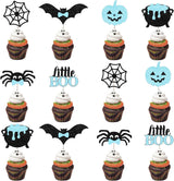 Halloween Two Spooky Cupcake Toppers for 2 Year Old Boy Birthday, 36Pcs Ghost Pumpkin Bat Spider Dessert Toppers in Blue Black for Kids Party Table Decoration