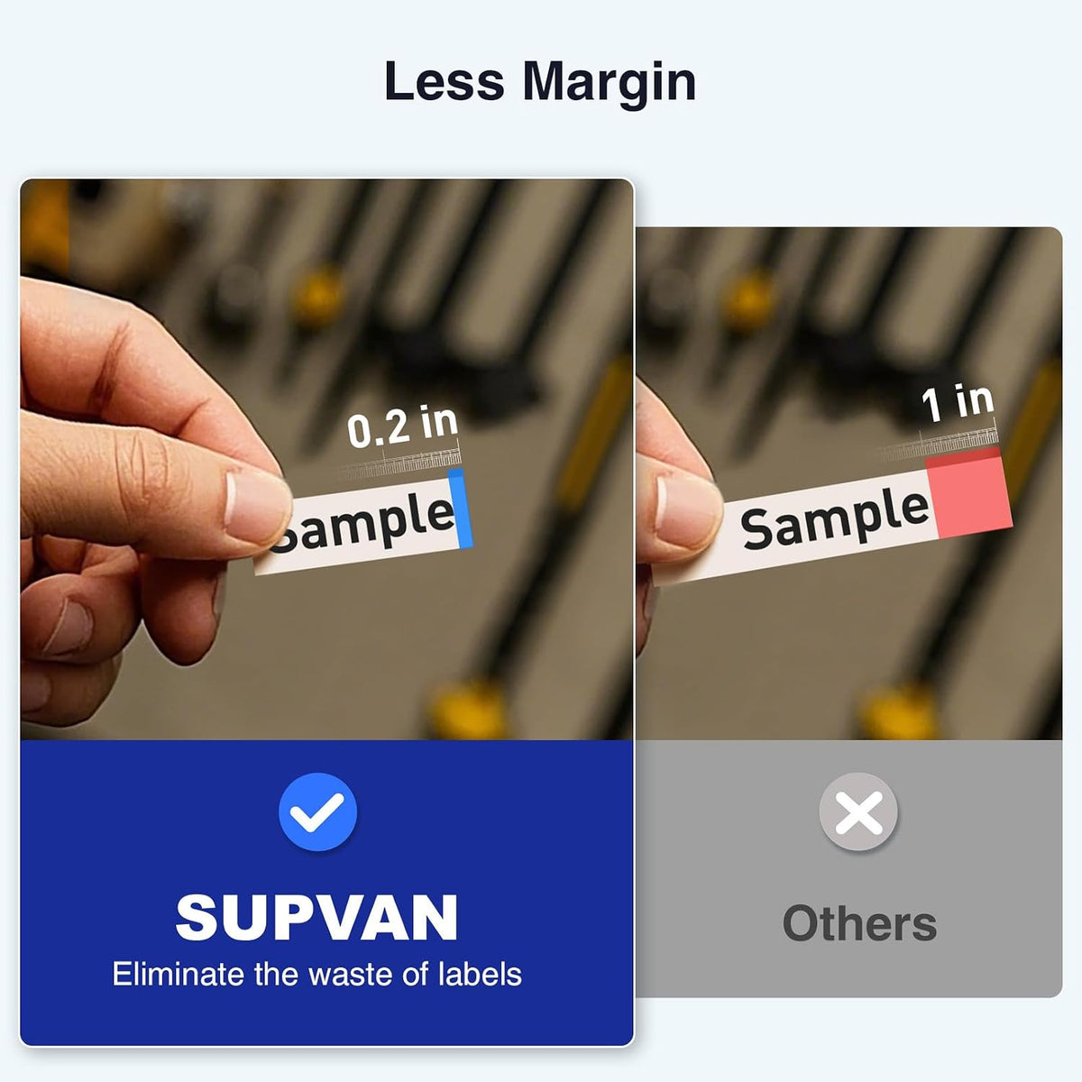 0.2" print margin — roughly 1/5 the waste margin of competing label makers