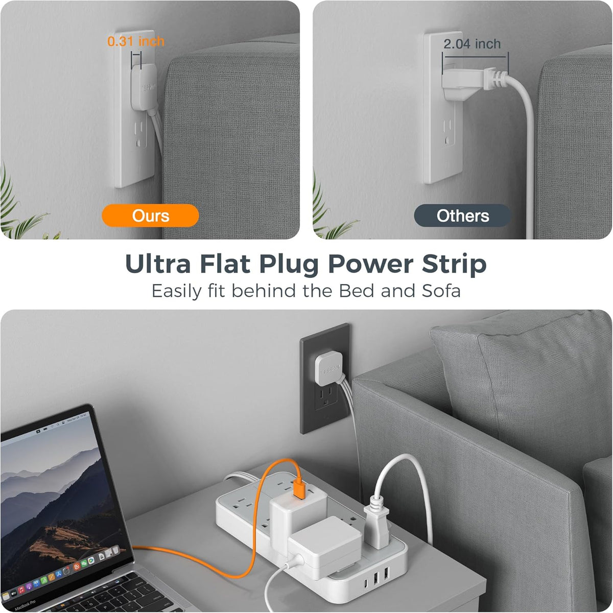 0.31-inch ultra-thin flat plug head with 45° right-angle design for tight spaces behind furniture