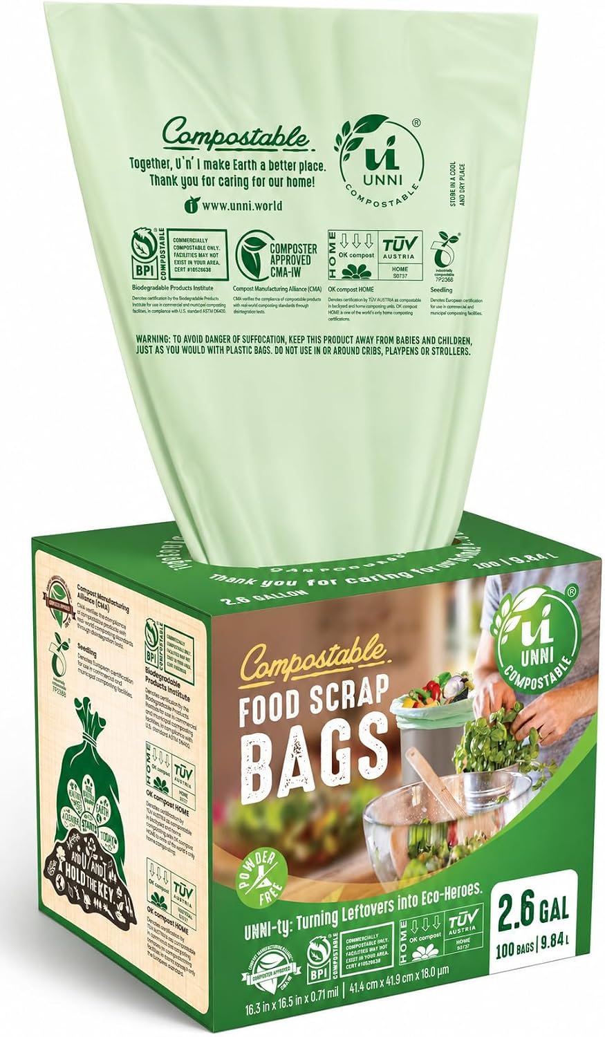 0.71 mil extra-thick compostable film engineered to resist tearing on peels, coffee grounds, and wet scraps