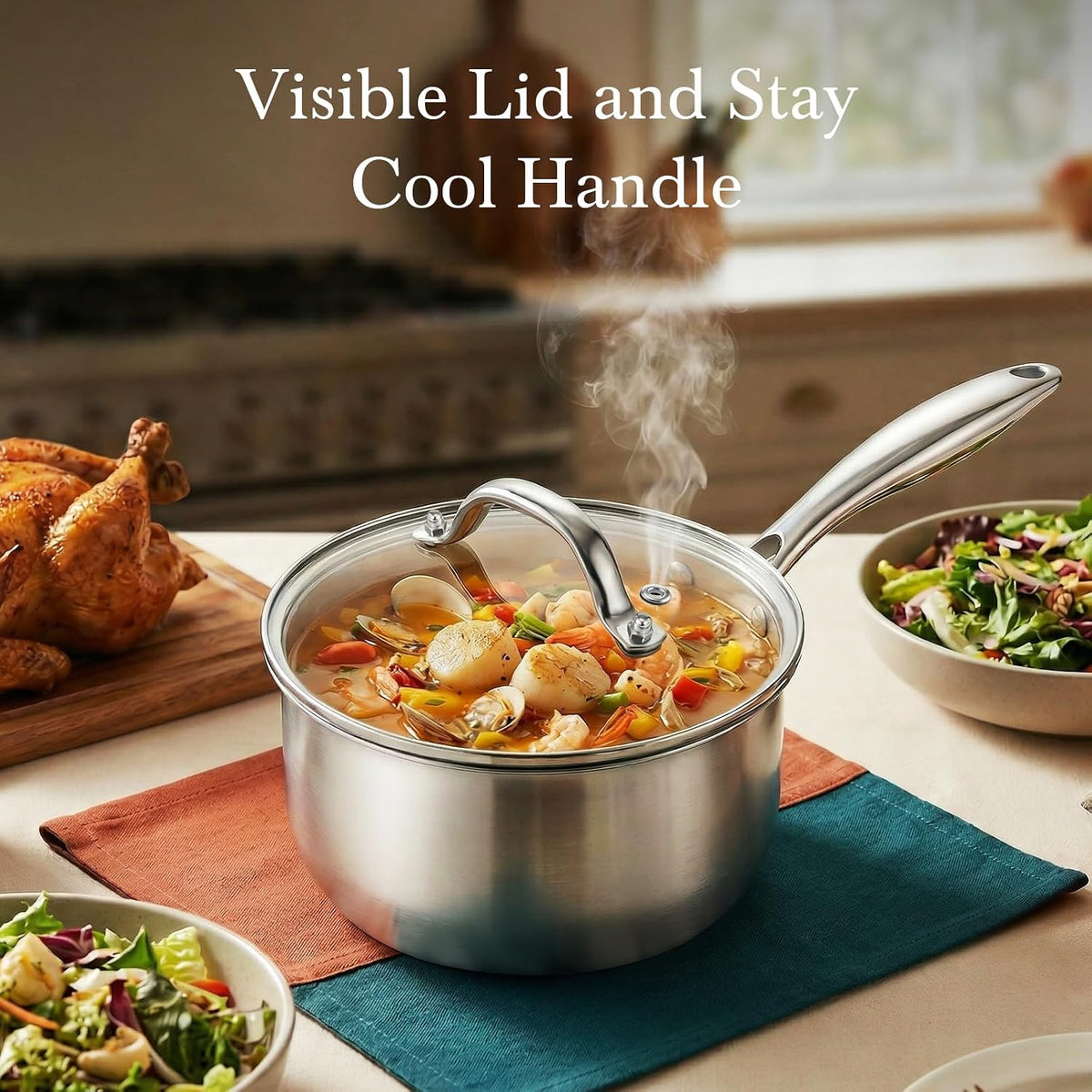 1.5-quart and 2.5-quart sizes in a single set; mirror-polished dishwasher-safe exterior; hanging-hole handle