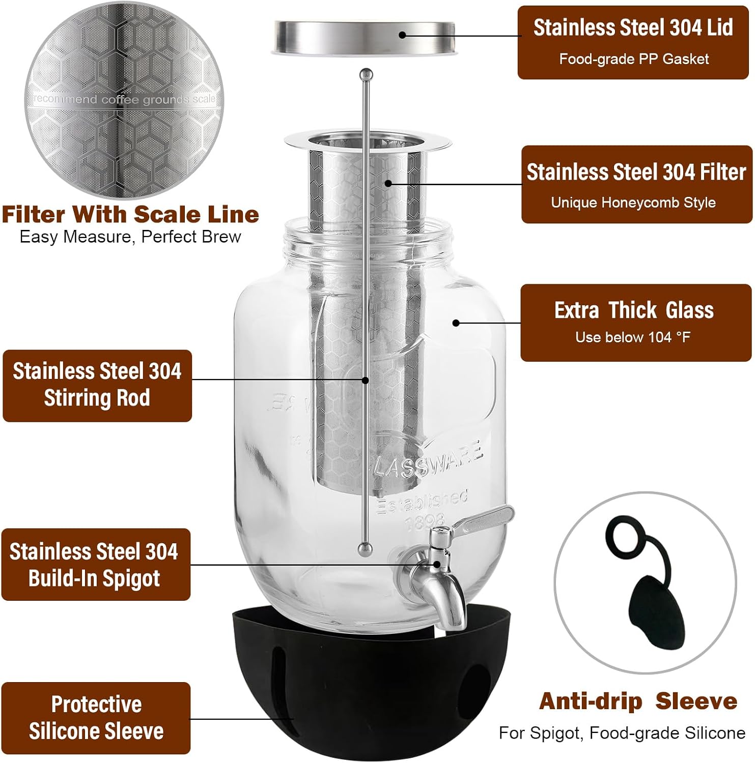1 Gallon Cold Brew Coffee Maker – All-in-One Beverage Dispenser for Kitchen Counter, Dining Room, and Backyard