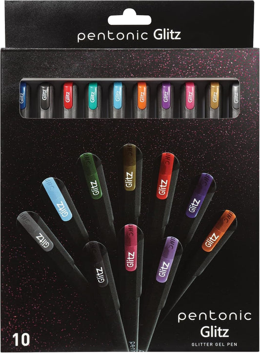 10 assorted glitter ink colors including metallic gold and silver plus standard black, red, green, blue, light blue, orange, purple, and pink