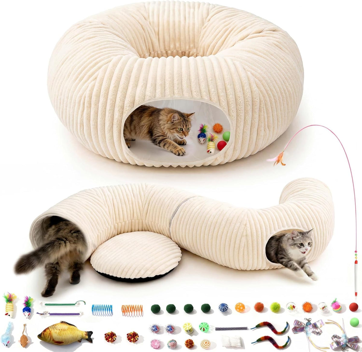 10-inch diameter tunnel with 15-inch donut mat supporting pets up to 30 lb