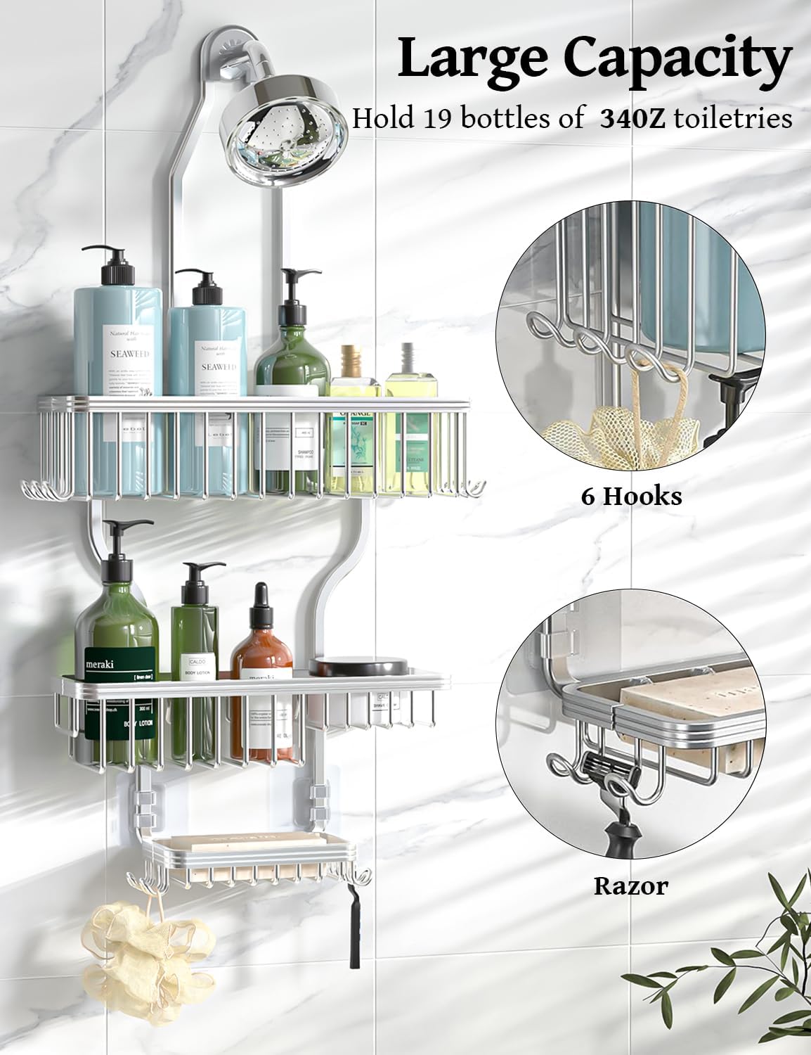 10 integrated hanging hooks for razors, loofahs, and towels
