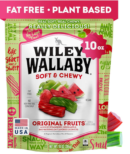 10 oz bag of soft and chewy licorice twists in original mixed fruit flavor (strawberry, green apple, watermelon)