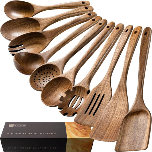 10-piece (and 5-11 piece variant) set of spoons and spatulas covering all core cooking tasks