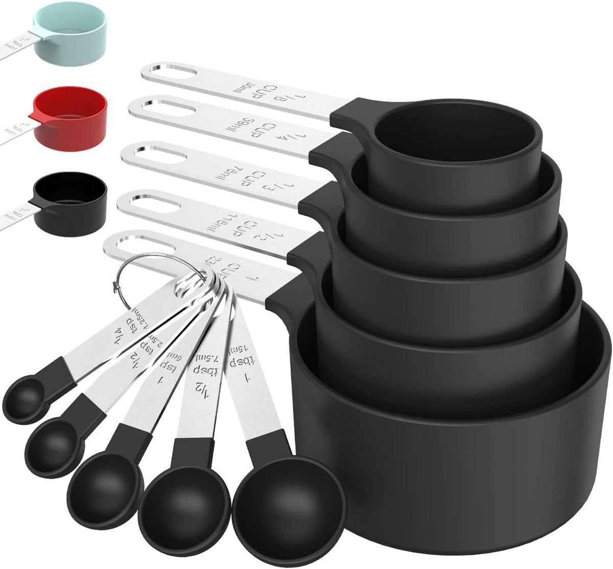 10-piece set: 5 measuring cups (1/8, 1/4, 1/3, 1/2, 1 cup) and 5 measuring spoons