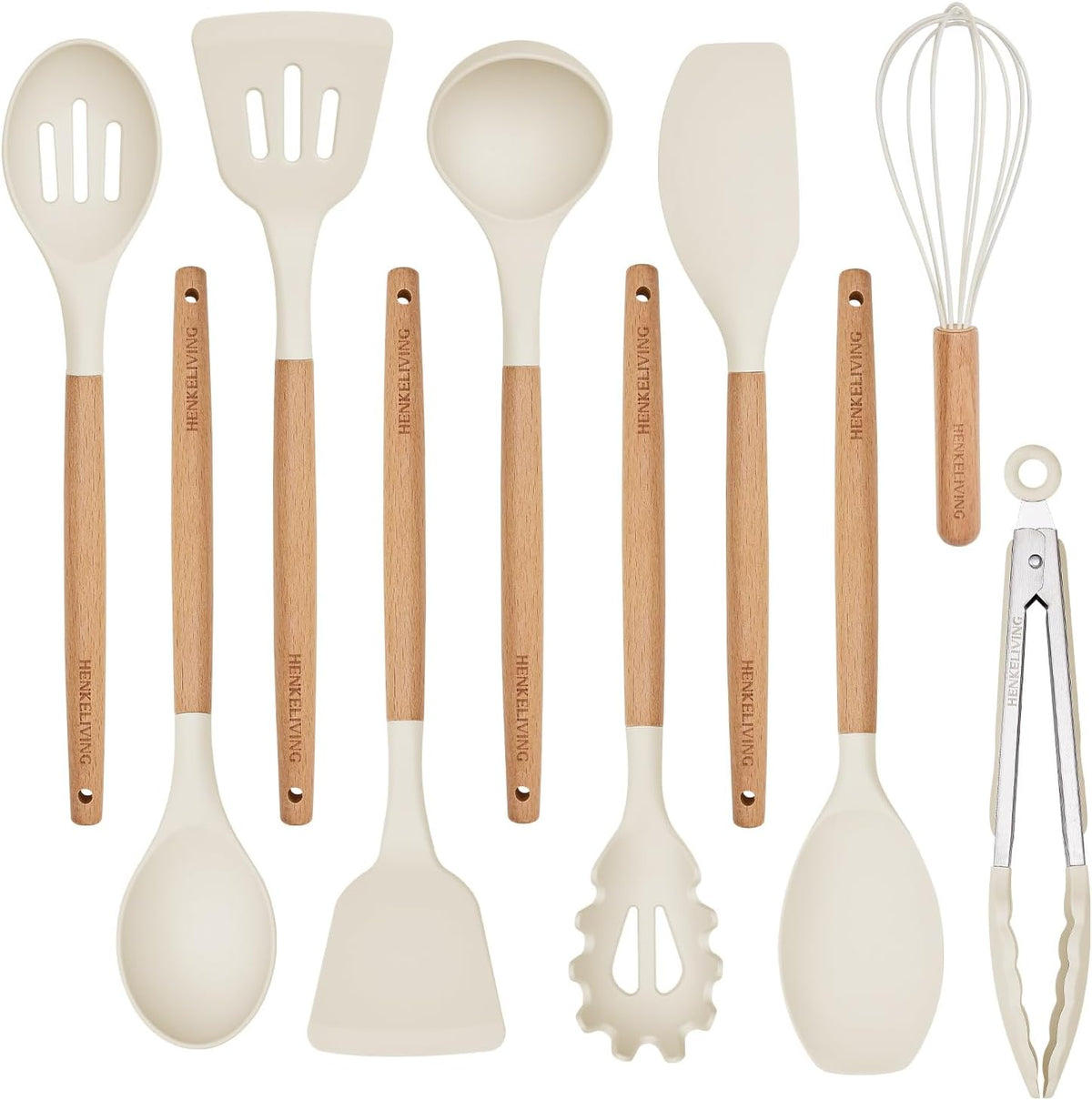 10-piece set: spatula, round spatula, solid spatula, slotted spatula, slotted spoon, solid spoon, soup ladle, pasta server, tongs, and whisk