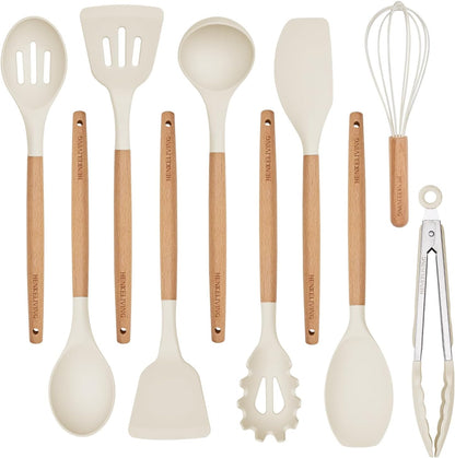 10-piece set: spatula, round spatula, solid spatula, slotted spatula, slotted spoon, solid spoon, soup ladle, pasta server, tongs, and whisk