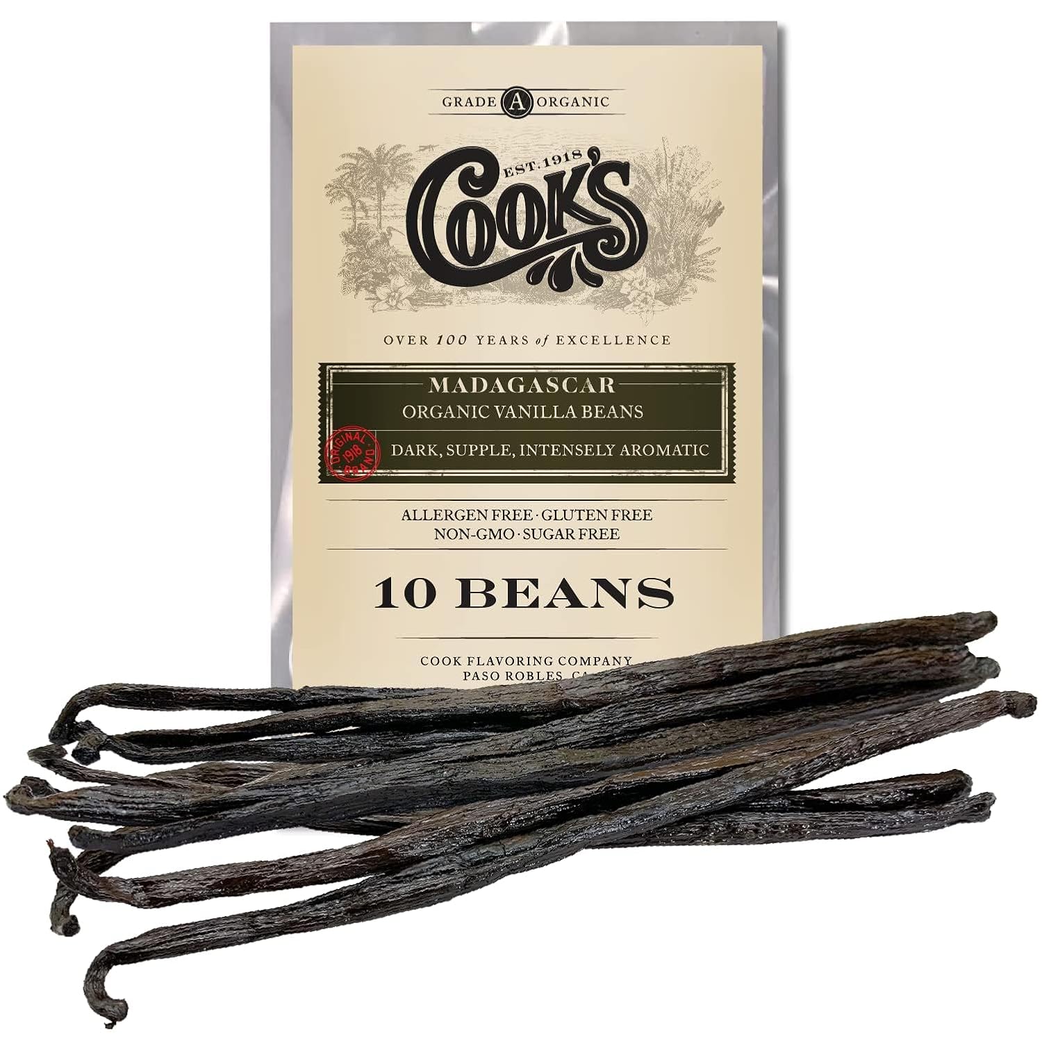 10 whole grade a organic madagascar vanilla bean pods per pack