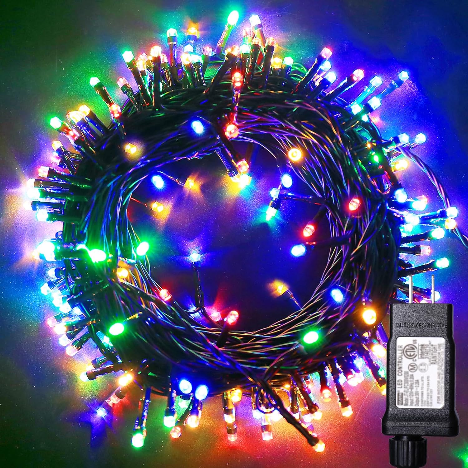 100/200/300 led variants on dark green wire with 4 in bulb spacing