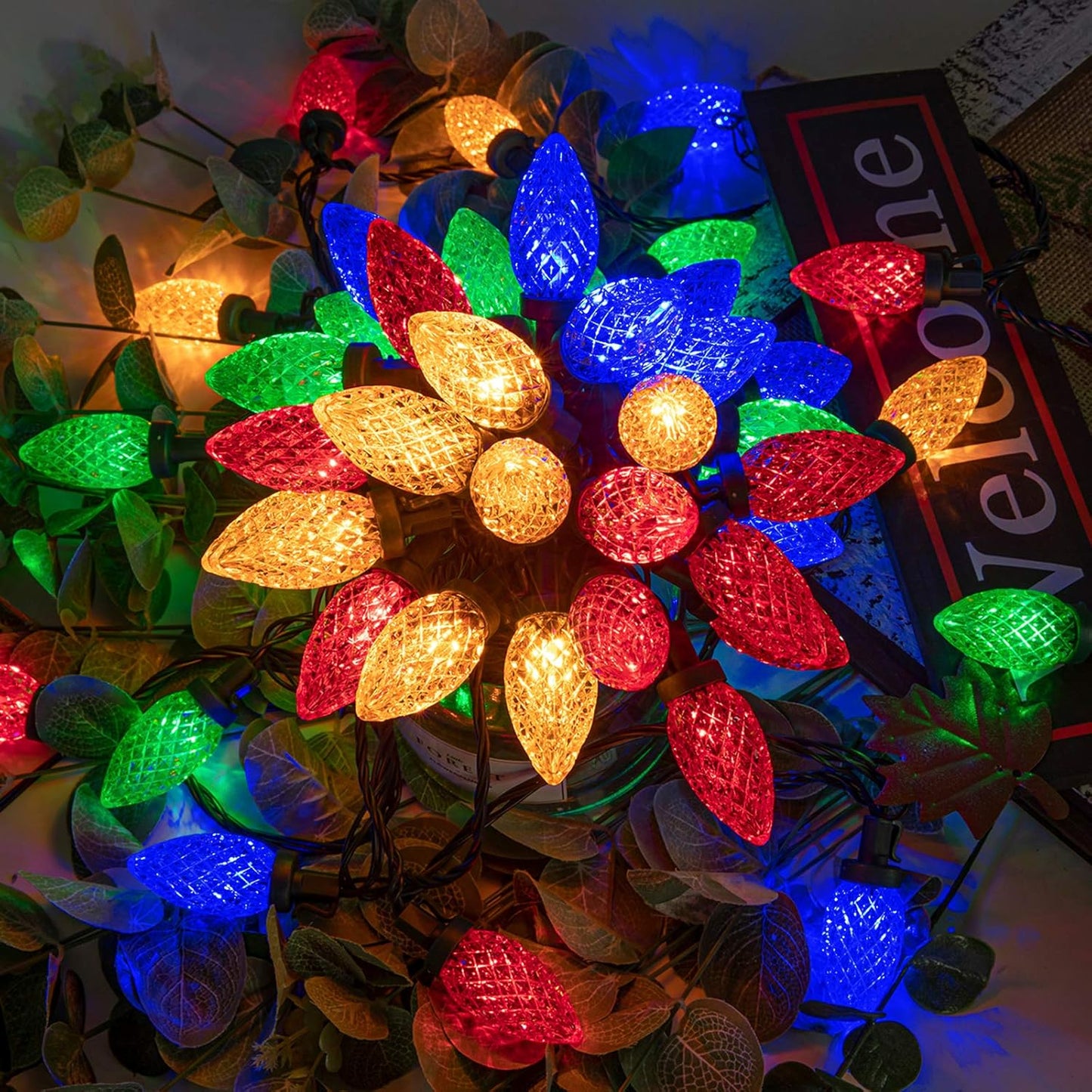 100 led c9 pine-cone shaped bulbs on 81 ft of string with 8-inch spacing