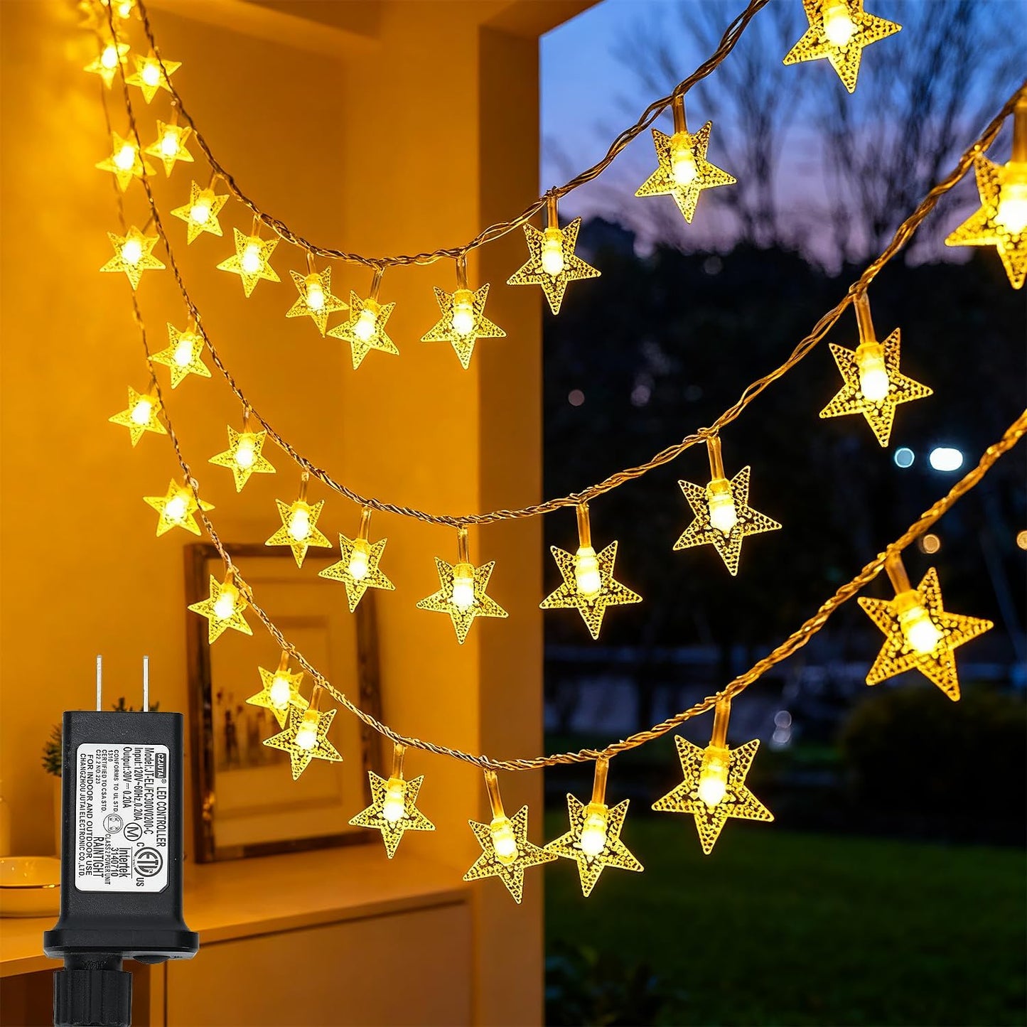 100 led star-shaped shatterproof plastic bulbs on 33ft light string plus 16.5ft lead wire