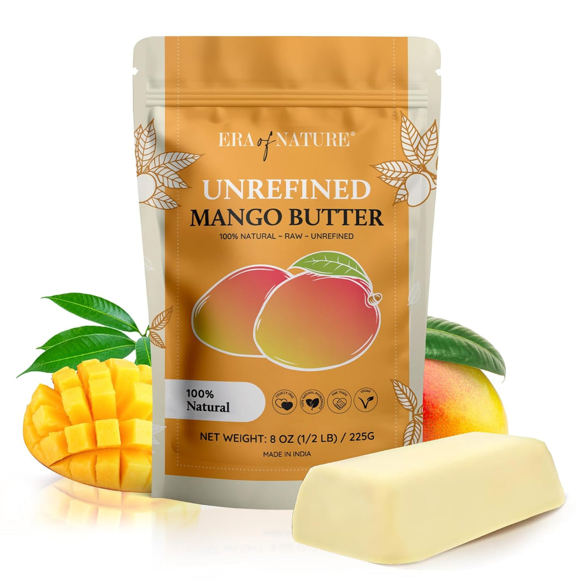 100% raw, unrefined, unprocessed butter sliced (not melted) from mango seeds to preserve nutrients