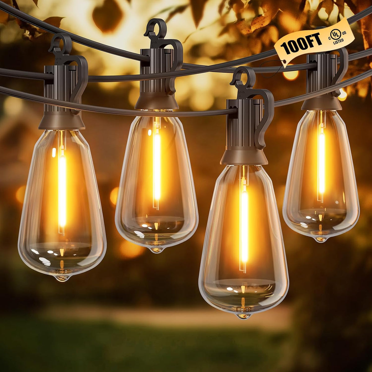 100ft commercial-grade wire with 30 st38 shatterproof led bulbs plus 2 spares (variants 30ft-200ft available)