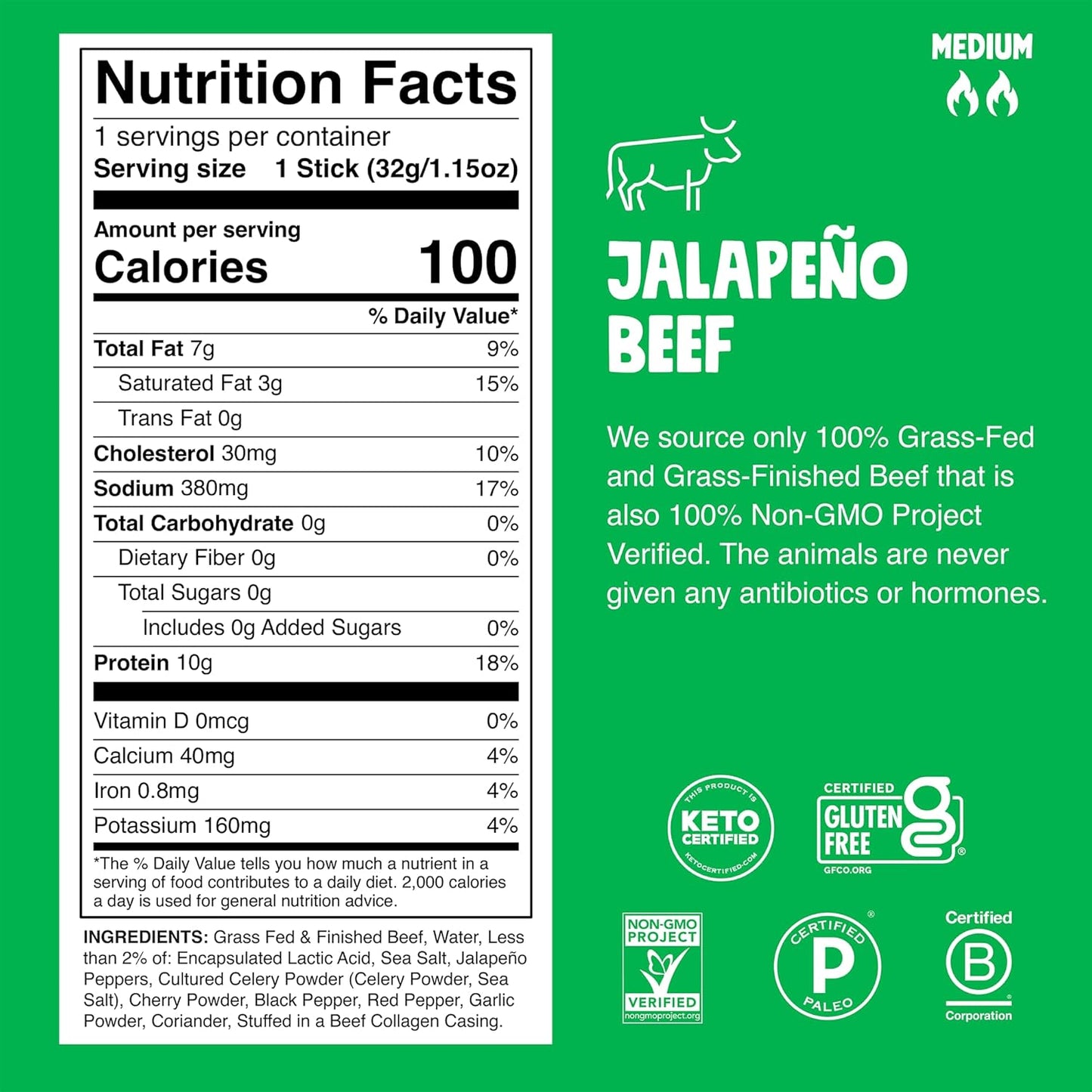 10g protein, 0g sugar, 100 calories per stick