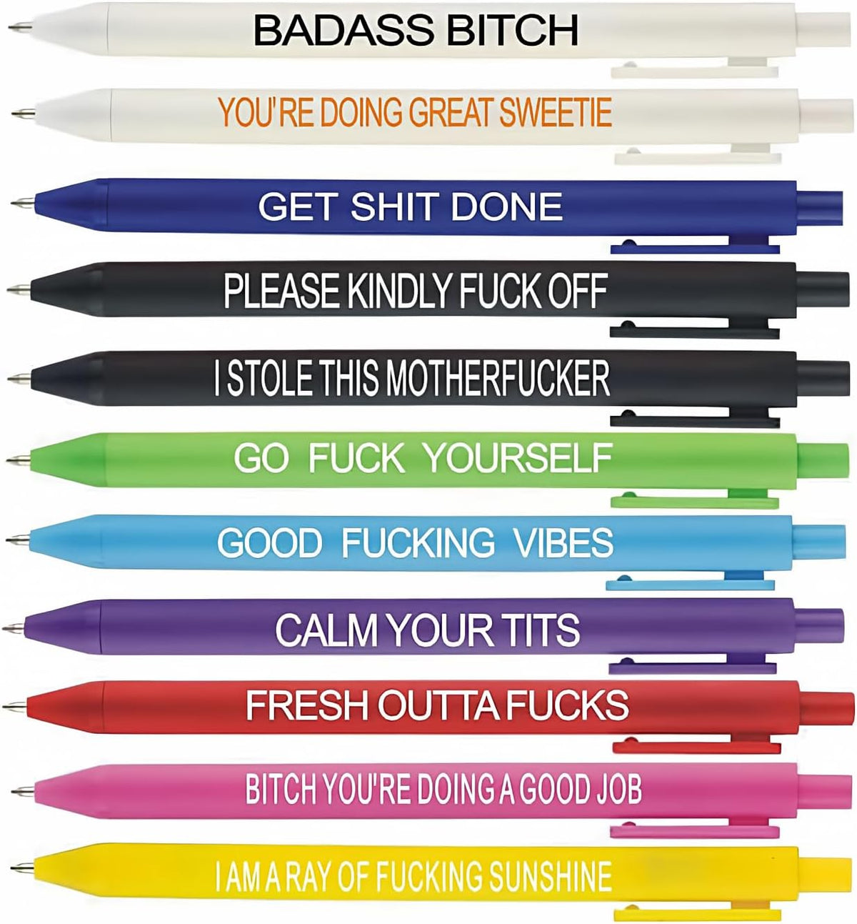 11 ballpoint pens, one for each day of the week, in assorted body colors