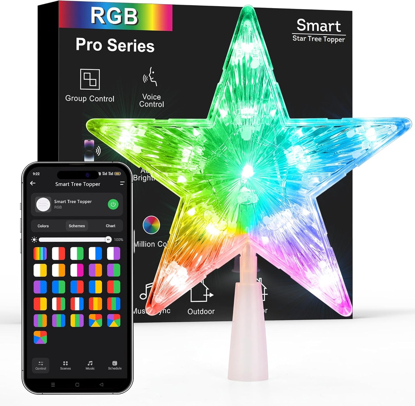 11-led star design at 7.5 inches with 16 million rgb color options and preset holiday color combos