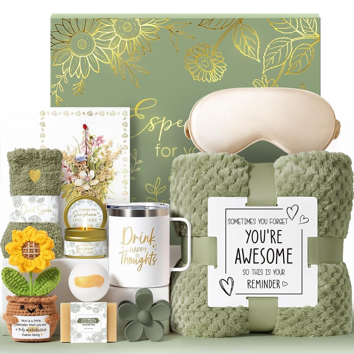 11-piece coordinated set including 39x59in throw blanket, 12oz double-walled tumbler, scented candle, bath bomb, handmade soap, silk eye mask, fuzzy socks, flower hair clip, and crochet sunflower