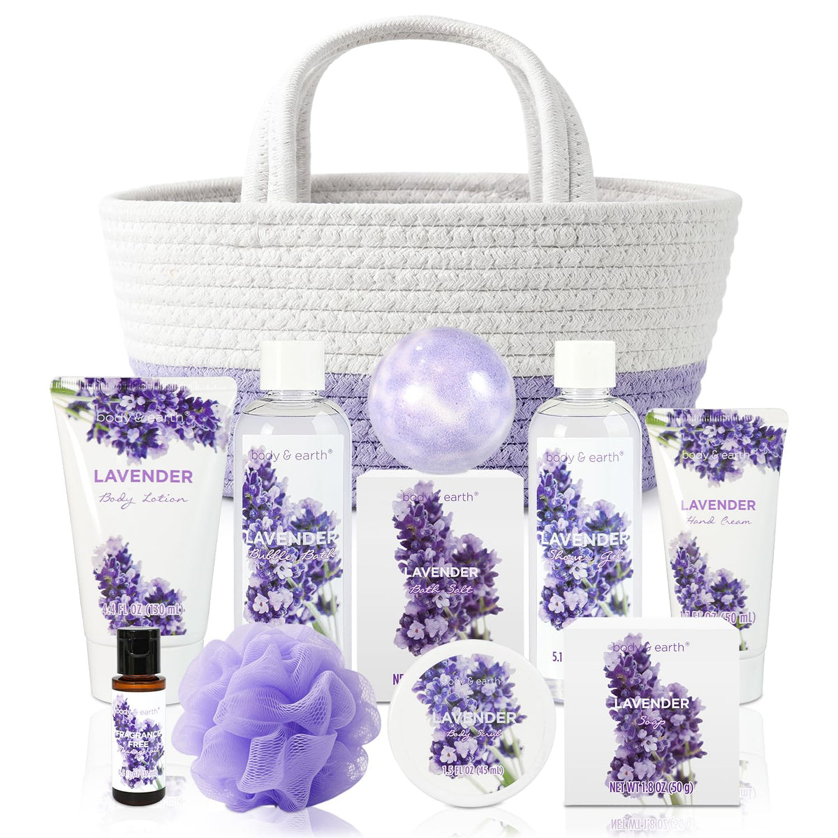 11-piece coordinated set: shower gel, bubble bath, hand lotion, body lotion, essential oil, bath scrub, bath salt, bath bomb, shampoo bar, flower pouf, and woven basket