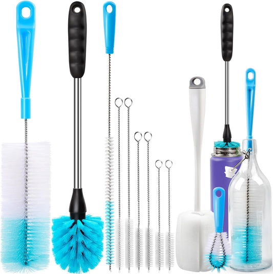 11-piece set including straw brushes (7.9-12.5 in), 16 in long-handle bottle brush, 14 in sports brush, 10 in sponge brush, and 4.3 in spout brush