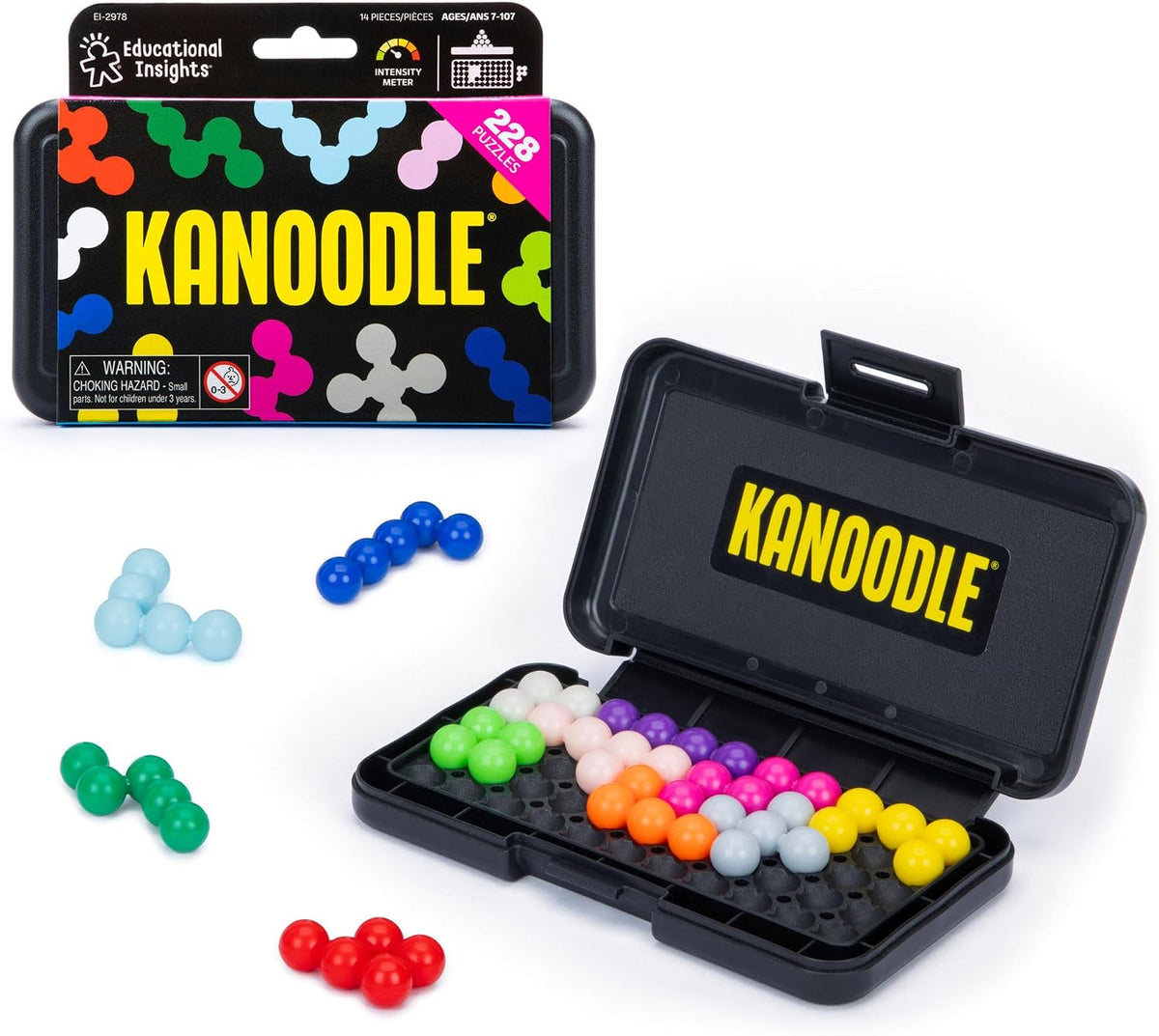 12 colorful plastic kanoodle puzzle pieces that slot together in multiple configurations