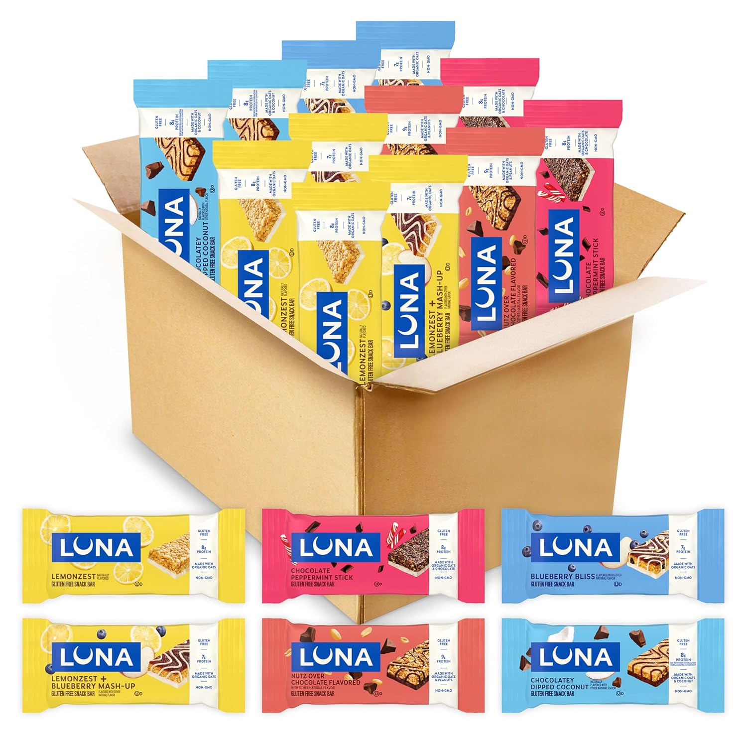12-count variety pack with 6 distinct flavors including nutz over chocolate, chocolate peppermint stick, and lemonzest