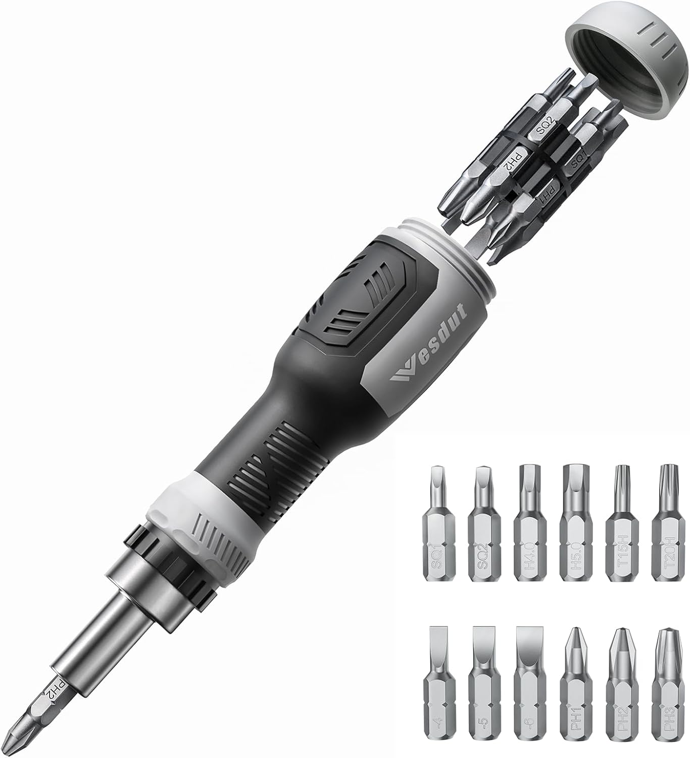 12 interchangeable bits: torx (t15/t20), flathead (4/5/6mm), philips (ph1/ph2/ph3), hex (h4/h5), square (sq1/sq2)
