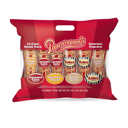 12 mini cones per pack with 3 of each of 4 flavors (zebra, cheddar cheese, caramel, kettle corn)